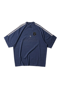 Masonprince Champion League Tee in Navy with Striped Sleeves and Embroidered Logo