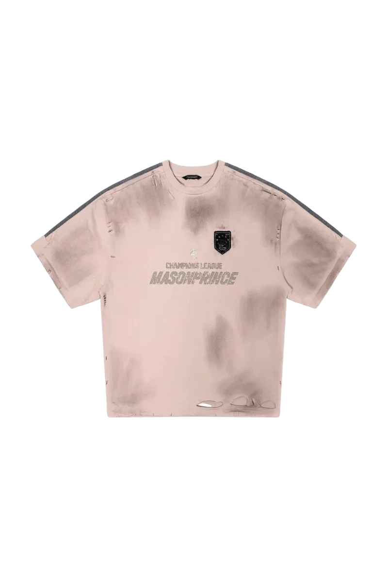 Masonprince Champion League Tee in beige with black stripe accents and logo patch on the chest