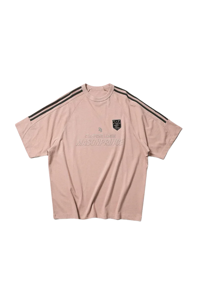 Masonprince Champion League Tee in light pink with unique logo and striped sleeves for casual style