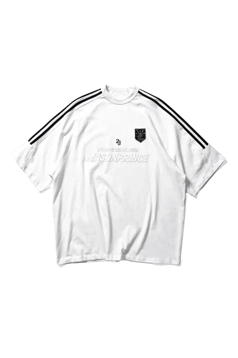 Masonprince Champion League Tee White Short Sleeve Shirt with Black Stripes and Logo