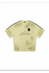 Masonprince Champion League Tee in light yellow with black shoulder stripes and distressed details