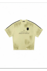 Masonprince Champion League Tee in light yellow with black shoulder stripes and distressed details