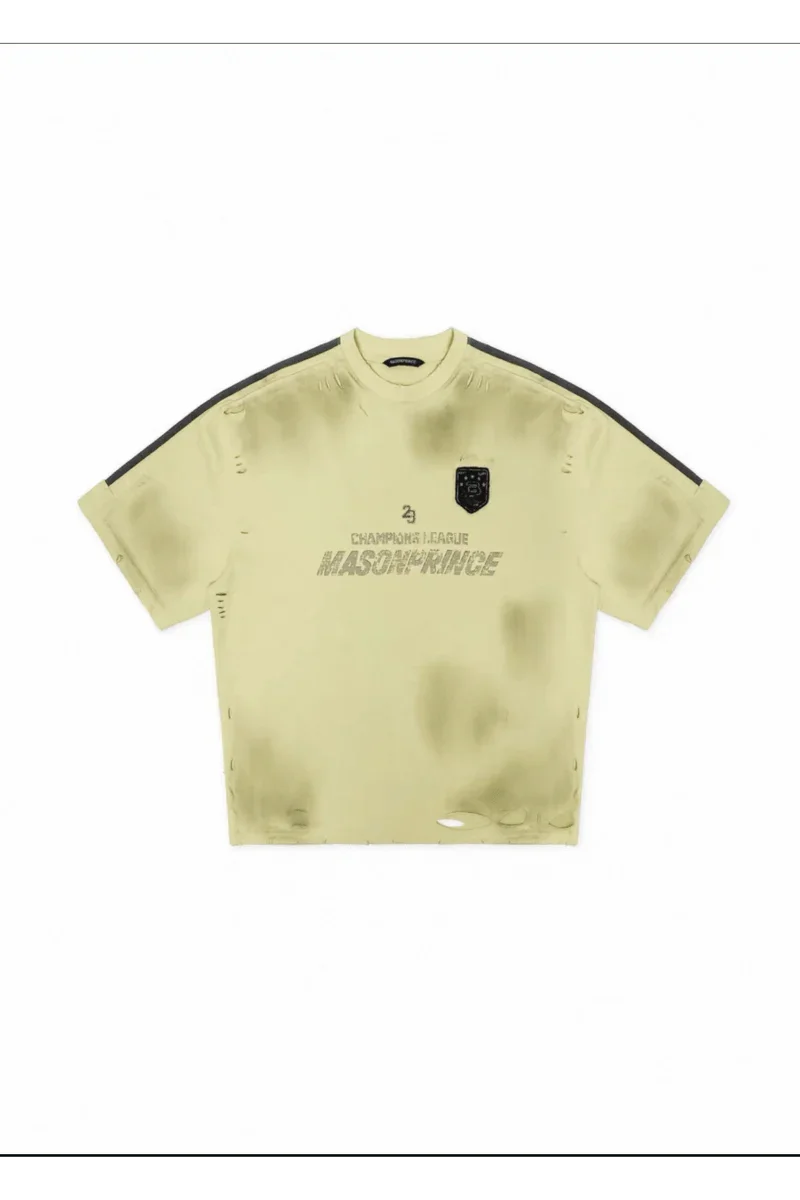 Masonprince Champion League Tee in light yellow with black shoulder stripes and distressed details