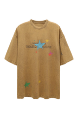 Masonprince colorful star tee with distressed brown fabric and vibrant multicolor star prints