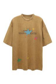Masonprince colorful star tee with distressed brown fabric and vibrant multicolor star prints