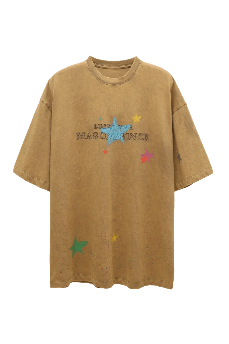 Masonprince colorful star tee with distressed brown fabric and vibrant multicolor star prints