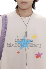 Masonprince colorful star tee white shirt with multicolor star designs and lucky star text