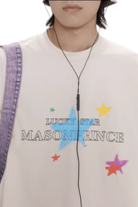 Masonprince colorful star tee white shirt with multicolor star designs and lucky star text