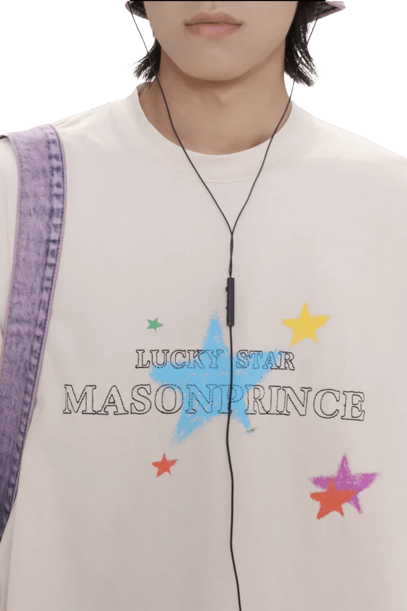 Masonprince colorful star tee white shirt with multicolor star designs and lucky star text
