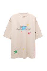 Masonprince colorful star tee featuring multi-color star prints and logo on a white oversized shirt