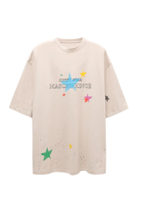 Masonprince colorful star tee featuring multi-color star prints and logo on a white oversized shirt