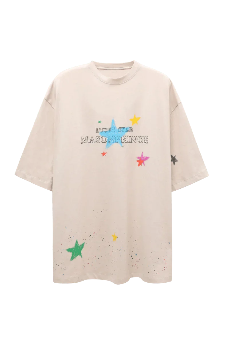 Masonprince colorful star tee featuring multi-color star prints and logo on a white oversized shirt