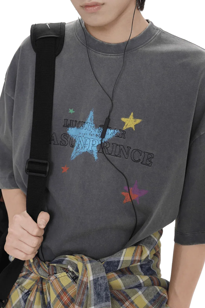 Masonprince colorful star tee in faded black with multicolor star graphics and logo text