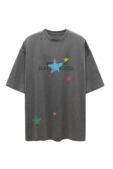 Masonprince colorful star tee in faded gray with multicolor star prints and logo on front
