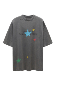 Masonprince colorful star tee in faded gray with multicolor star prints and logo on front