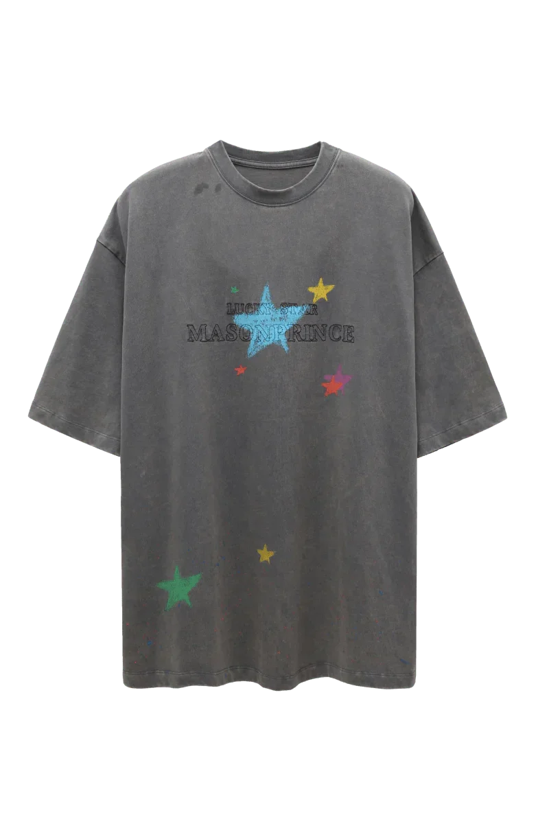 Masonprince colorful star tee in faded gray with multicolor star prints and logo on front