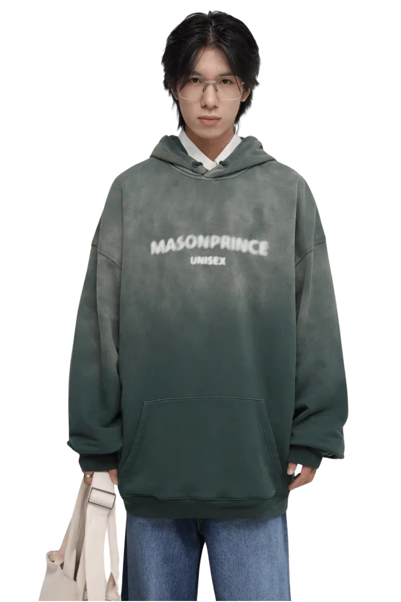 Masonprince Faded Logo Heavy Hoodie in Gradient Green with Front Pocket for Unisex Style