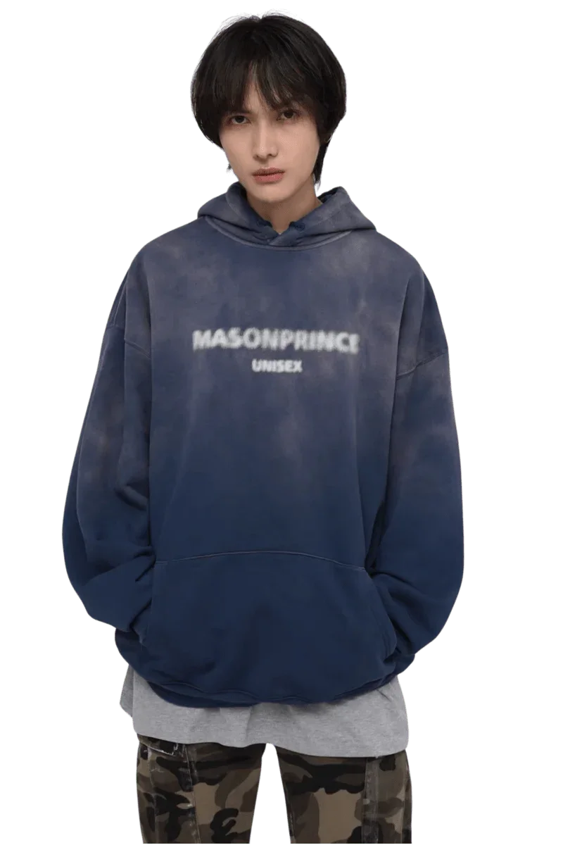 Masonprince Faded Logo Heavy Hoodie in navy with a relaxed fit and unisex design
