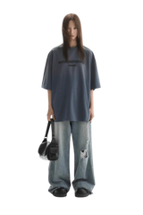 Masonprince Faded Logo Tee in Dark Blue with Relaxed Fit, Paired with Baggy Jeans for Casual Style