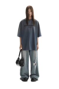 Masonprince Faded Logo Tee in Dark Blue with Relaxed Fit, Paired with Baggy Jeans for Casual Style