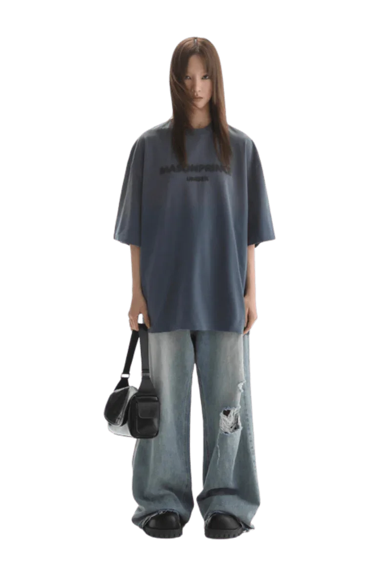 Masonprince Faded Logo Tee in Dark Blue with Relaxed Fit, Paired with Baggy Jeans for Casual Style