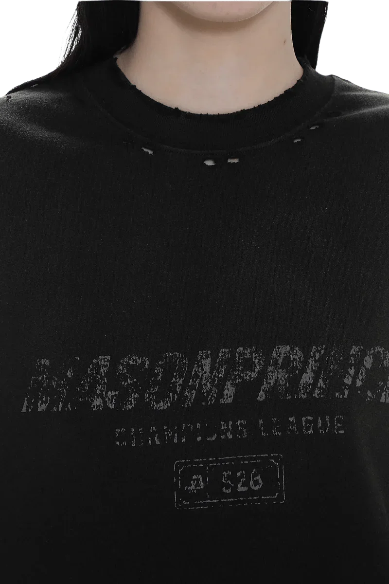 Close-up of black Masonprince Gradient Tee with distressed logo and vintage style text on chest