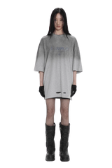 Masonprince Gradient Tee oversized gray t-shirt with distressed details styled with black gloves fishnet stockings and black boots