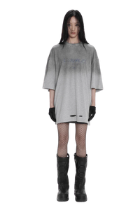 Masonprince Gradient Tee oversized gray t-shirt with distressed details styled with black gloves fishnet stockings and black boots