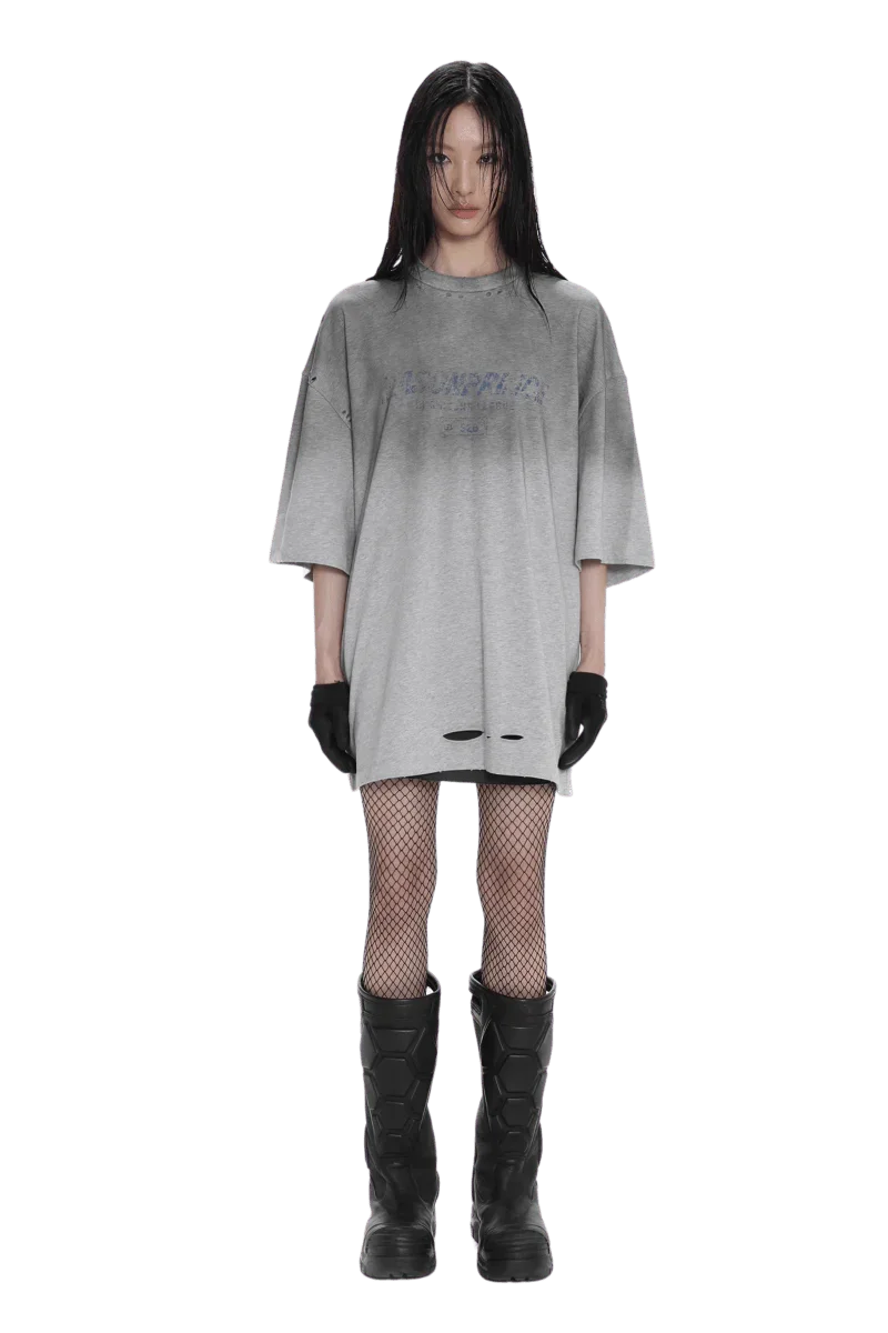 Masonprince Gradient Tee oversized gray t-shirt with distressed details styled with black gloves fishnet stockings and black boots