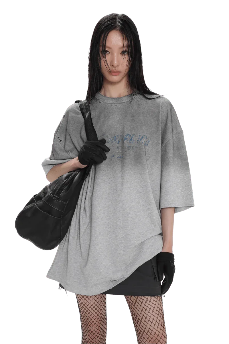 Masonprince Gradient Tee oversized gray t-shirt worn by model with black fishnet stockings and gloves