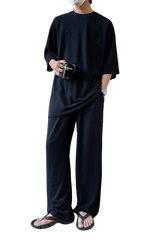 Masonprince Home Embroidery Tee in Black, styled with matching loose pants for a relaxed look