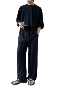 Masonprince Home Embroidery Tee in Black, styled with matching loose pants for a relaxed look