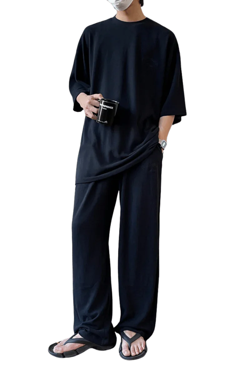 Masonprince Home Embroidery Tee in Black, styled with matching loose pants for a relaxed look