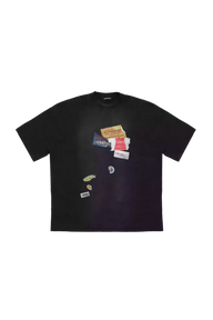 Black Masonprince patchwork tee with colorful stitched patches on front for casual wear