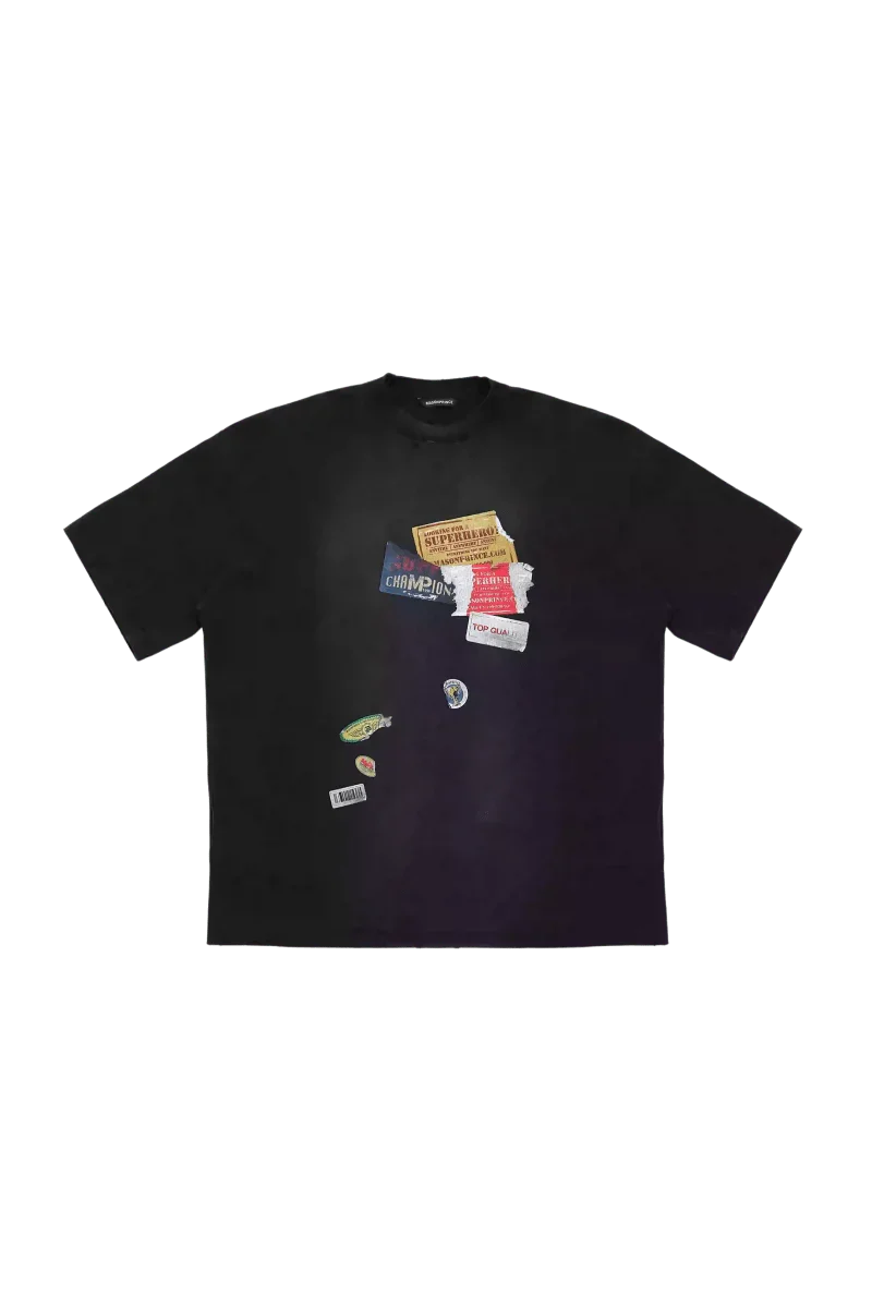 Black Masonprince patchwork tee with colorful stitched patches on front for casual wear
