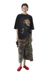 Masonprince patchwork tee black oversized shirt with graphic patches worn with camo cargo pants and red shoes