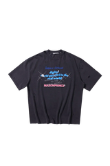Masonprince black Real World Tee with blue and pink digital text graphic on front