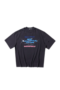 Masonprince black Real World Tee with blue and pink digital text graphic on front