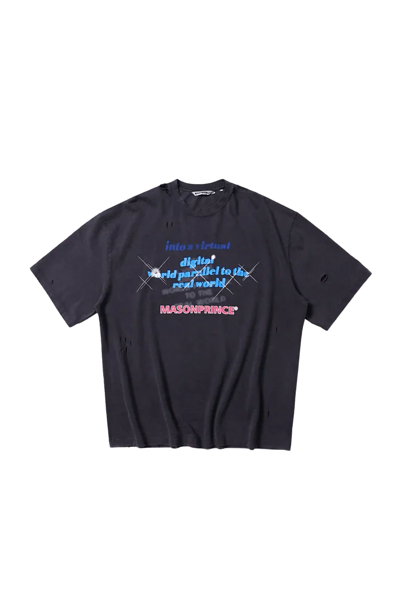 Masonprince black Real World Tee with blue and pink digital text graphic on front