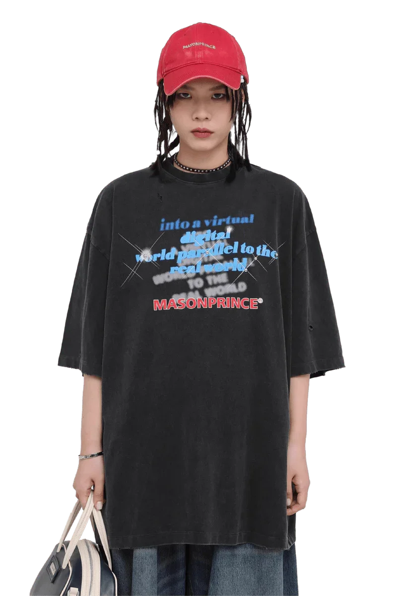 Masonprince black Real World Tee with blue and red graphic text worn with red cap and bag