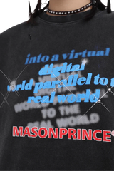 Masonprince Real World Tee black shirt with blue and red text and studded choker detail