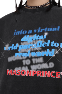 Masonprince Real World Tee black shirt with blue and red text and studded choker detail