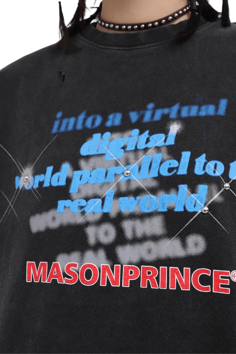 Masonprince Real World Tee black shirt with blue and red text and studded choker detail