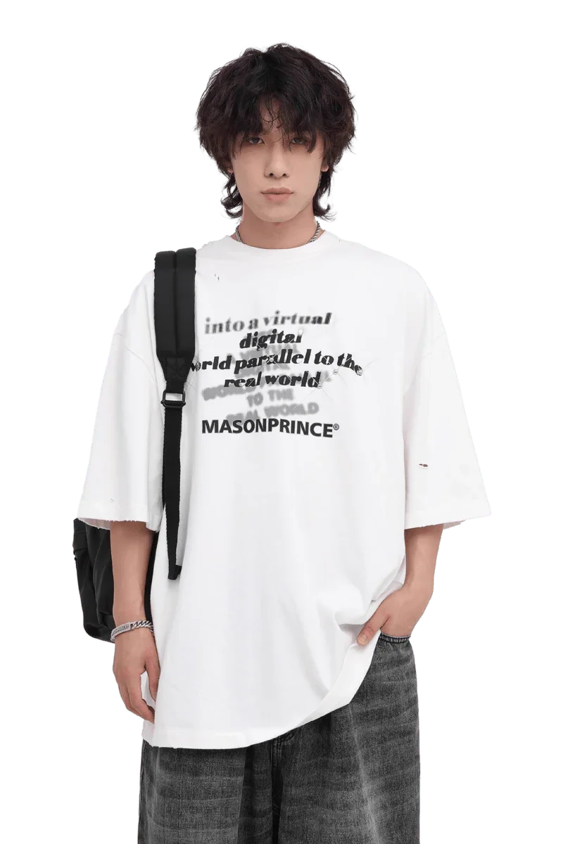 Masonprince Real World Tee white oversized shirt with black text worn by male model with backpack