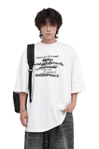 Masonprince Real World Tee white oversized shirt with black text worn by male model with backpack