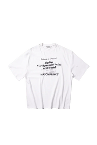 Masonprince white Real World Tee with black abstract text design on front