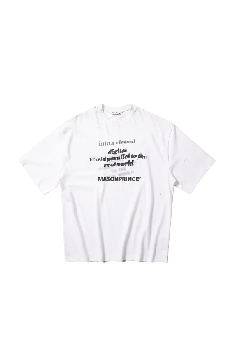 Masonprince white Real World Tee with black abstract text design on front