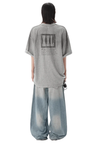 Back view of a person wearing a gray Masonprince reversed style tee with graphic print and loose faded jeans