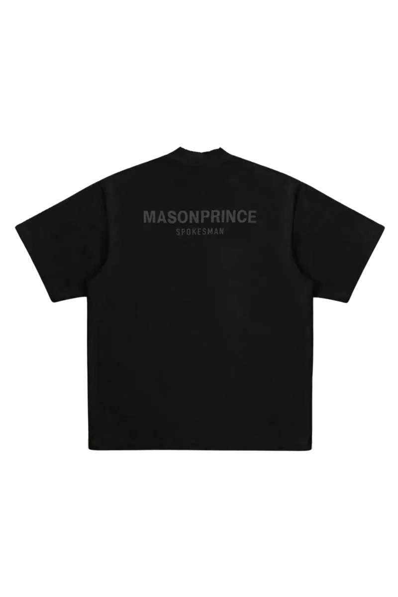 Black Masonprince Spokesman tee with bold logo text on the back in gray lettering