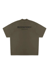 Back view of Masonprince Spokesman tee in olive green with black logo text on upper back